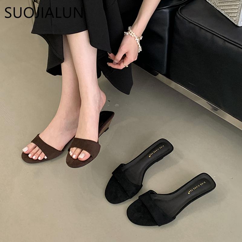 Fashion SUOJIALUN 2025 Summer New Women Slipper Fashion Low Wedge Heel Ladies Elegant Slides Open Toe Outdoor Dress Sandal Shoes