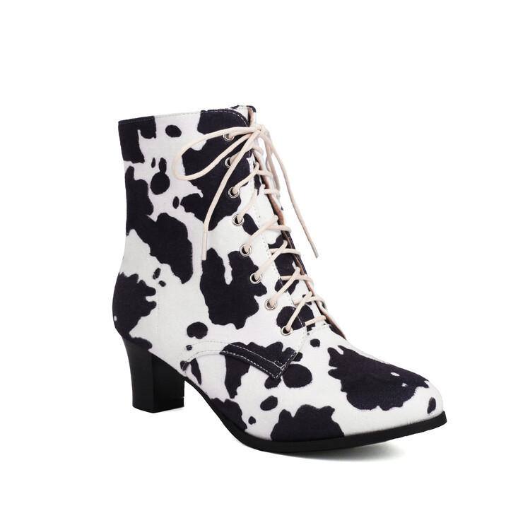 Coarse Heel Short Boots Women's Autumn and Winter New Cow Pattern Retro Front Lace-up High Heel Short Boots Martin Boots and Ankle Boots Large Size