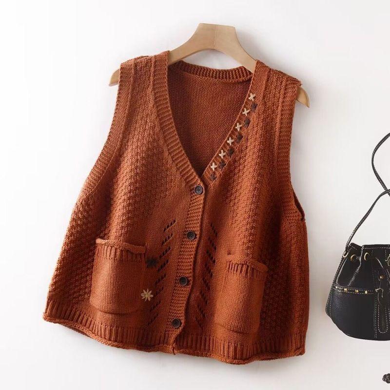 Vintage Strickweste Damen Mode V-Ausschnitt Frühling Herbst Gestrickter Mantel Floral Strickware Ärmellose Oberbekleidung Lässig Harajuku Täglich