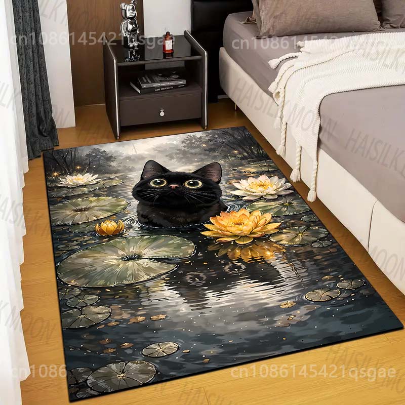 Multiple Sizes Black Cat In Lotus Pond Print Carpet Rug for Living Room Bedroom Sofa Doormat Home Decor Non-slip Floor Mat