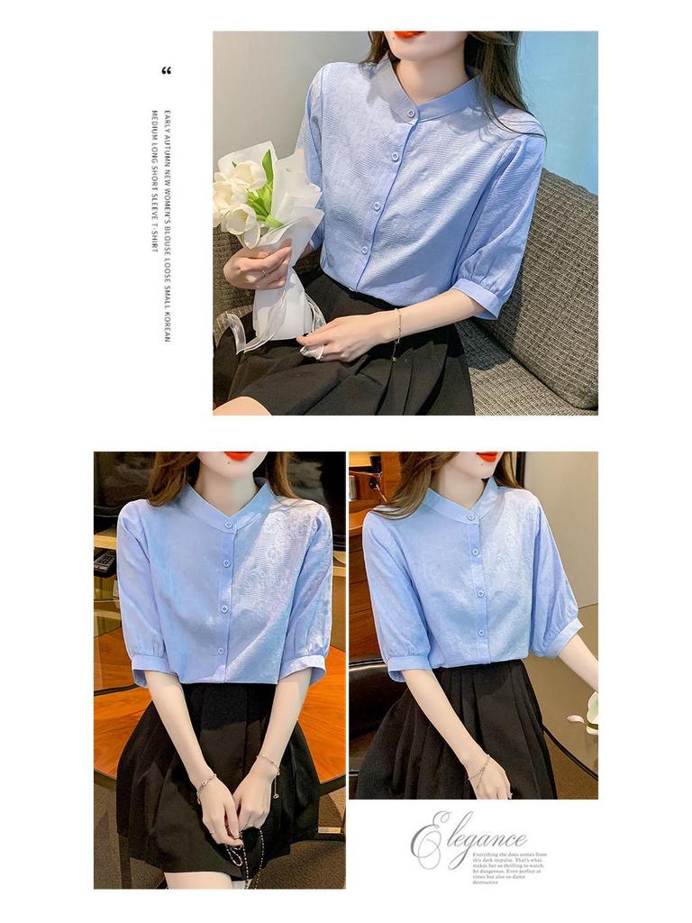 2024 Summer Women's Loose-Fit Pure Cotton Five-Sleeve Stand-Collar Top