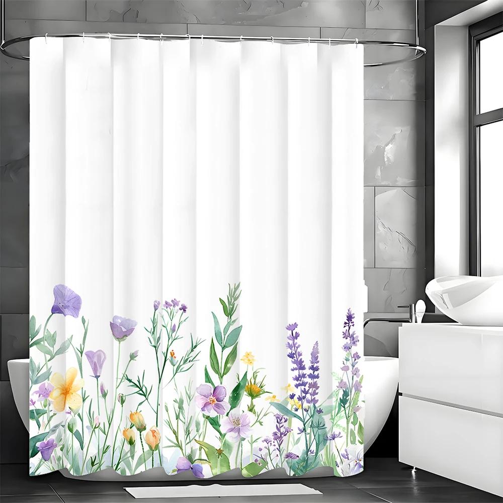 Spring Flower Plant Shower Curtain, Bathroom Decorative Shower Curtain, Waterproof Shower Curtain with Hooks