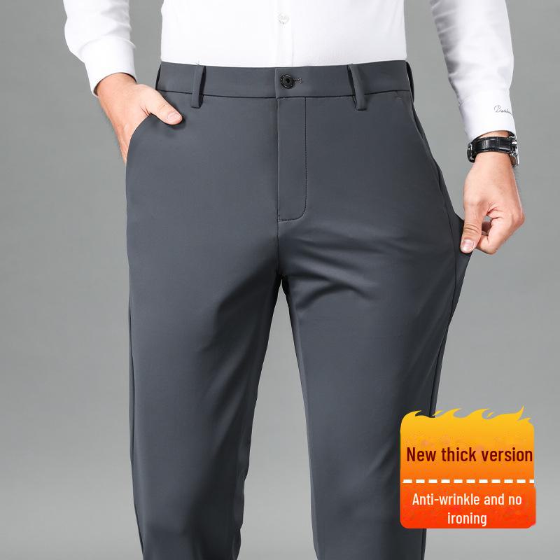 Men's Thickened Nylon Casual Pants - Milk Silk, High Elastic, Straight, Loose Business Trousers with Velvet Inside for Spring and Autumn.