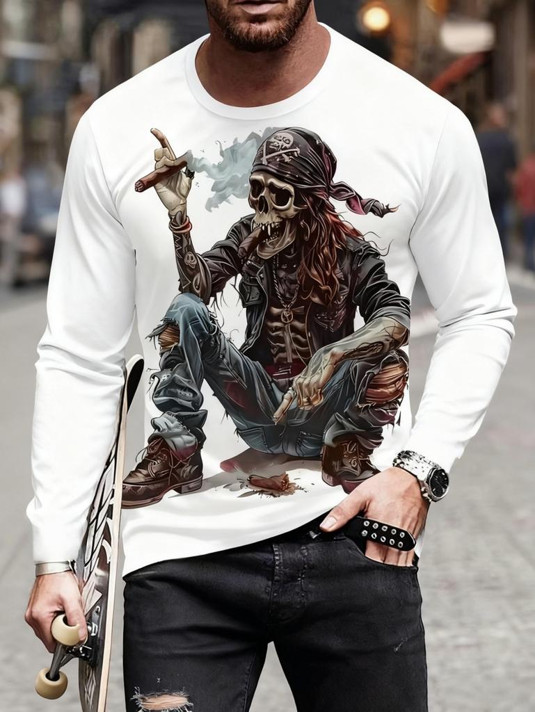 Men's Skull Graphic T-Shirts long Sleeve Skeleton 3D Print Street man t shirt autumn O-Neck Casual Y2k Top oversize Men clothing
