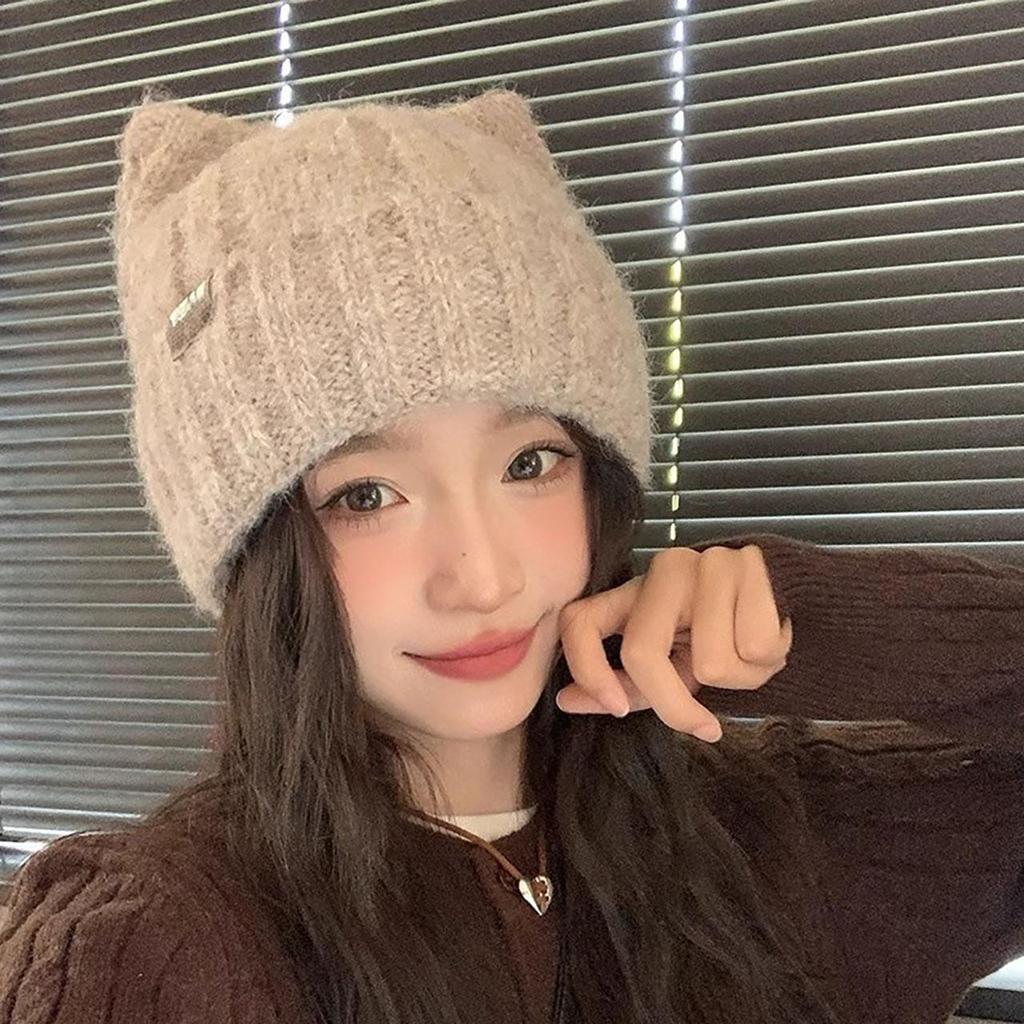 Cartoon Cat Ears Beanies Cap For Women Winter Thickken Plush Warm Knitted Skullcaps Solid Color Cold-proof Snow Pullover Hats
