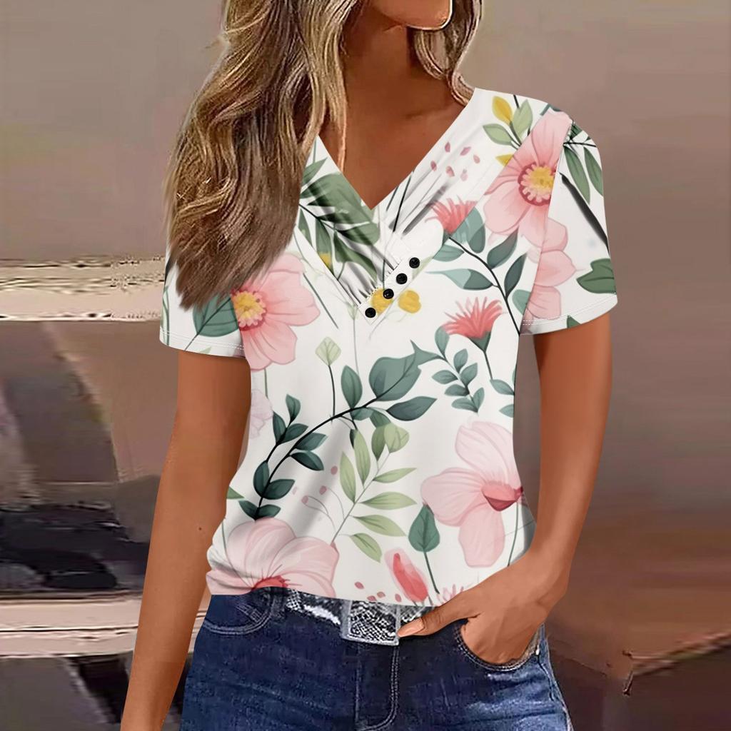 Women's T Shirt Tee Casual V-neck Short-sleeved T-shirt Printed Button Top