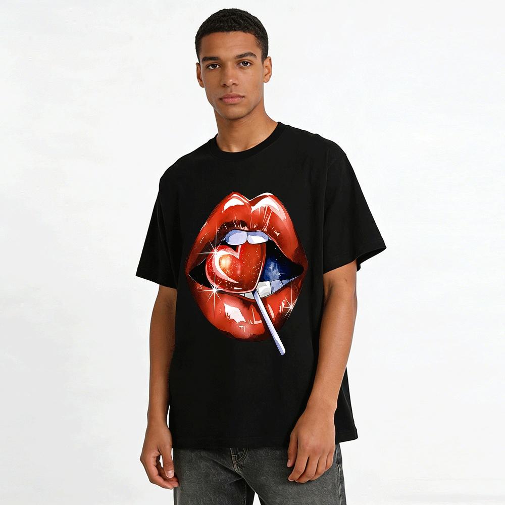 Sexy Heart Lollipop Red Lip Print Trendy Casual Short Sleeve T-Shirt Pure Cotton T-shirt