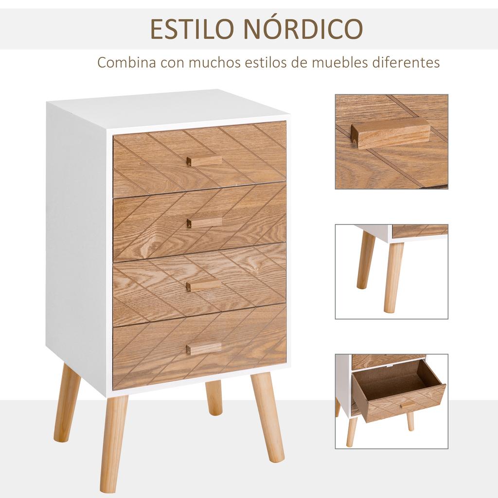 Comfortable 4 Drawer Dresser Bedroom Nightstand With Raised Legs For Living Room 40x30x75 Cm White And Natural