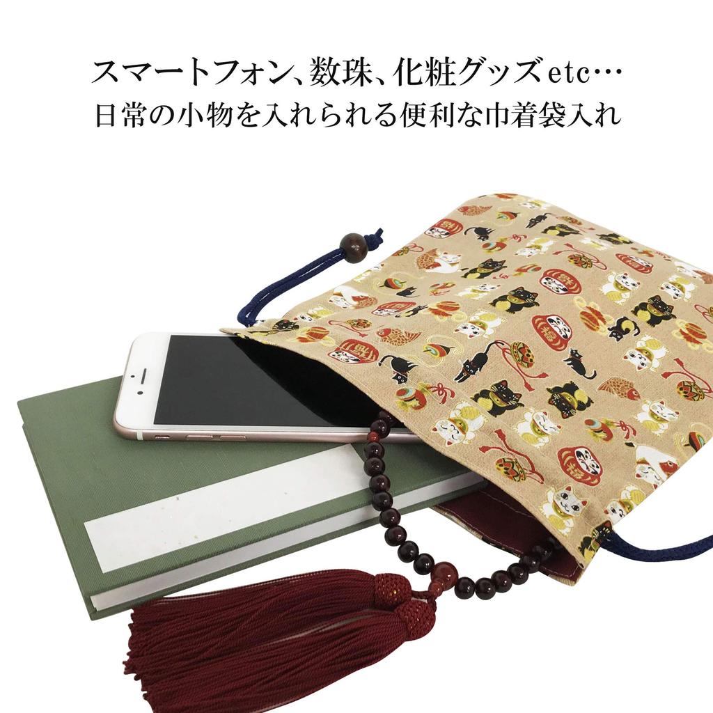 [LamPlanning] Poitto. Kordelzugbeutel, Stempelbuchhülle, Japanisches Zubehör, Hergestellt in Japan, Daifuku-Katzen-Design, Beige