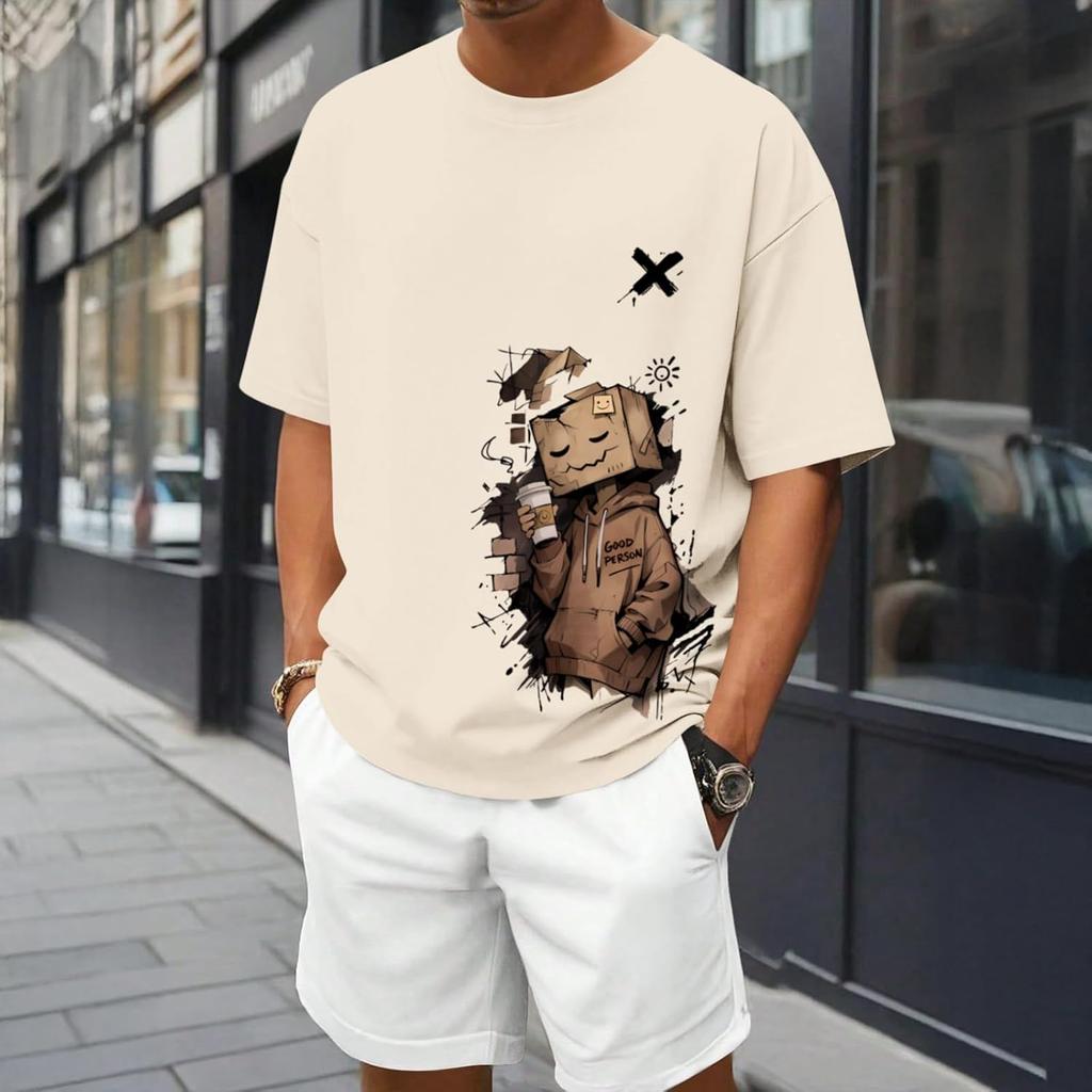 Men's Oversized Cartoon Graphic Tees Vintage Printed Crew Neck T Shirts Streetwear Short Sleeve Shirt Summer Tops