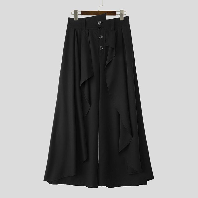 INCERUN Men's Style Punk Wide Leg Trousers Gothic Loose Ruffled Casual Skirt Pants Streetwear Bottoms