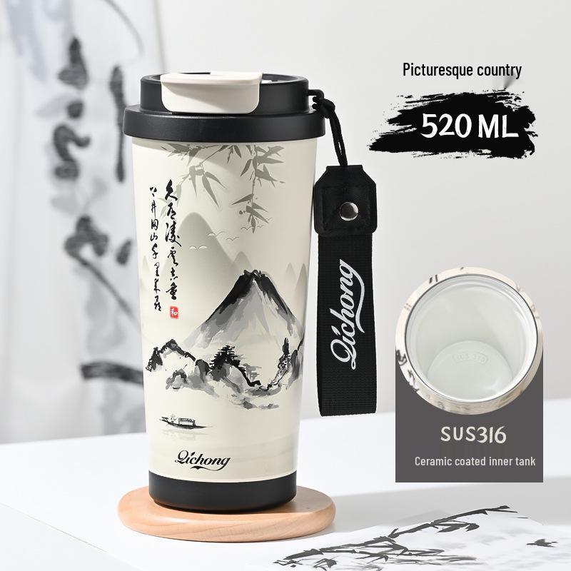 Guochao Double-Walled Coffee Cup with 316 Stainless Steel Liner, Ceramic Thermos, Portable Business Gift.
