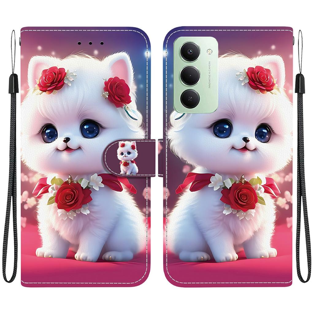Pro Xiaomi Redmi 15 5G (Globální) (169 mm) Kožené pouzdro Stojan Peněženka Vzorový potisk Kryt na telefon s poutkem na zápěstí