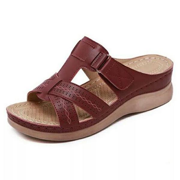 Beställ en storlek upp, sommar Kvinnor Premium Ortopediska Sandaler med öppen tå Kvinnliga Tofflor Spänne Rem Vintage Anti-halk Andas Tofflor Plus Size Sandaler