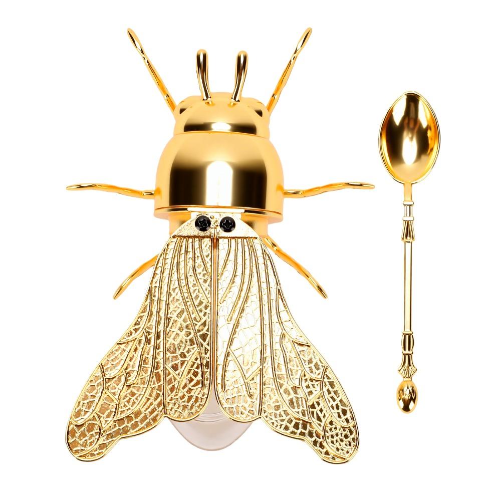 With Spoon Included Honey Dispenser Pot Gold Crystal Syrup Container Bee Shaped Jar  For Desserts