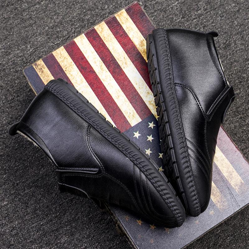 Chaussures d'hiver en cuir pour hommes Chaussures mi-hautes en coton Chaussures de conduite chaudes rembourrées Chaussures en cuir décontractées noires Chaussures pour hommes