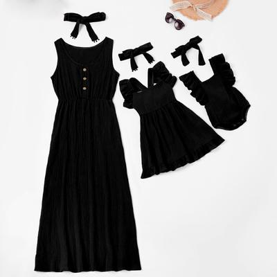 Summer Mommy And Me Sleeveless Romper Maxi Dresses+Headband Family Matching Set