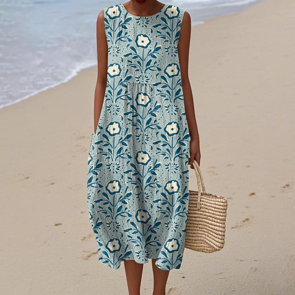 Summer European and American women's new sleeveless seaside vacation D printing dress