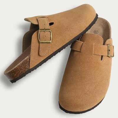 Fashion Comwarm Women's Suede Clogs Slippers Men Cork Footbed Leather Mules With Arch Support Fashion Potato Shoe With Adjustable Buckle