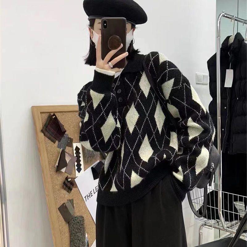 Polo Collar Diamond Plaid Pullover Sweater Loose Autumn and Winter 2022 New Popular Vintage Versatile Knit Sweater Female Top