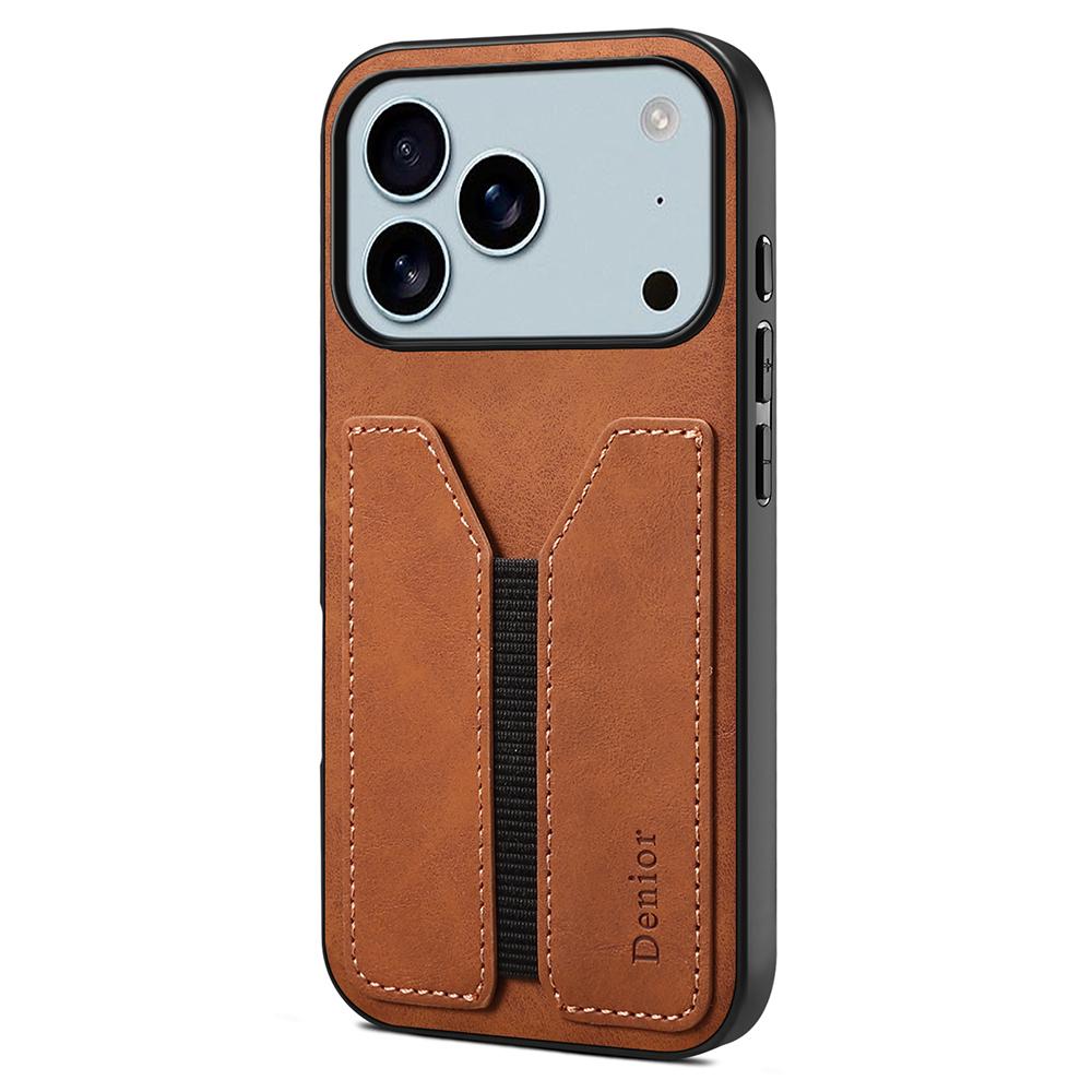 

DENIOR For iPhone 17 Pro Max Case Elastic Card Holder PU Leather+TPU+PC Phone Cover Brown