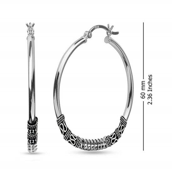 LeCalla 925 Sterling Silver Jewelry Oxidized Balinese Click-Top LARGE Hoop Earrings for Women Teen 60mm