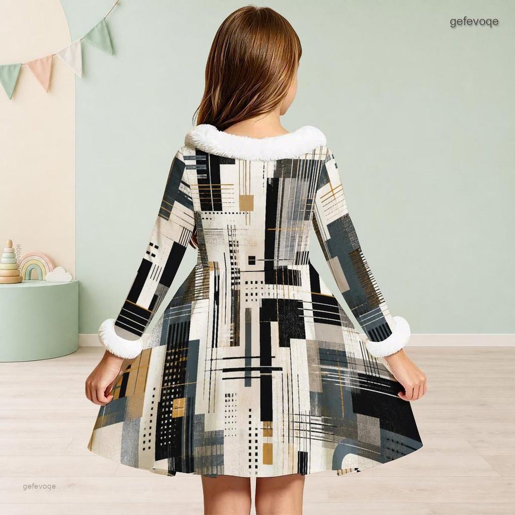 Girls Furry Trim Neck Long Sleeve Geometric Printed A Line Flared Dress With Waist Bow