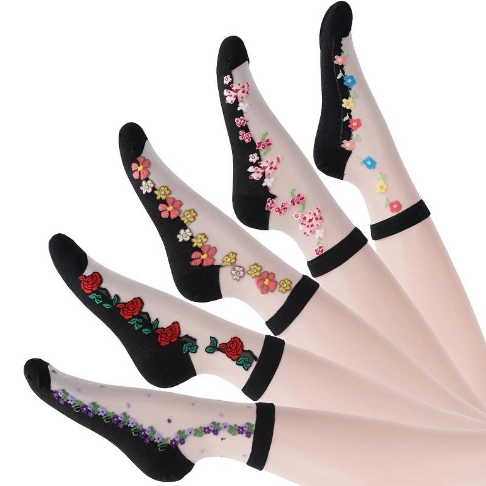 

5 Pairs Flower Embroidery Ankle Sock Breathable Hosiery New Calf Socks Women B-5Pairs