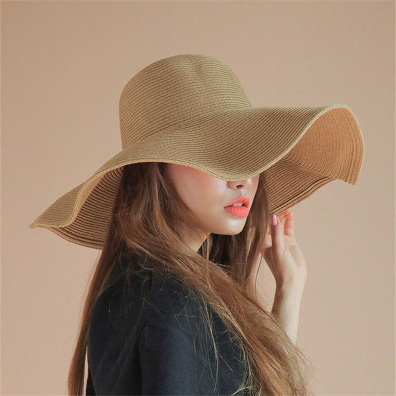 Summer Women Wide Brim Straw Hat 48Cm Big Beach Sun Hats For Women Large Uv Protection Foldable Panama Caps Female Lady Chapeau