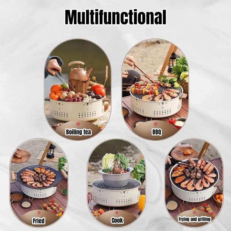 Portable Barbecue Grill Korean Charcoal Stove Stainless Steel Split BBQ Stove Round Non-stick Barbecue Rack for Outdoor Camping