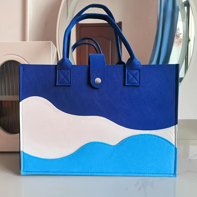 

Chic Striped Felt Tote Bag For Women - Versatile Commuter Handbag With Secure Locking Closure, Fixed Shoulder Strap синий