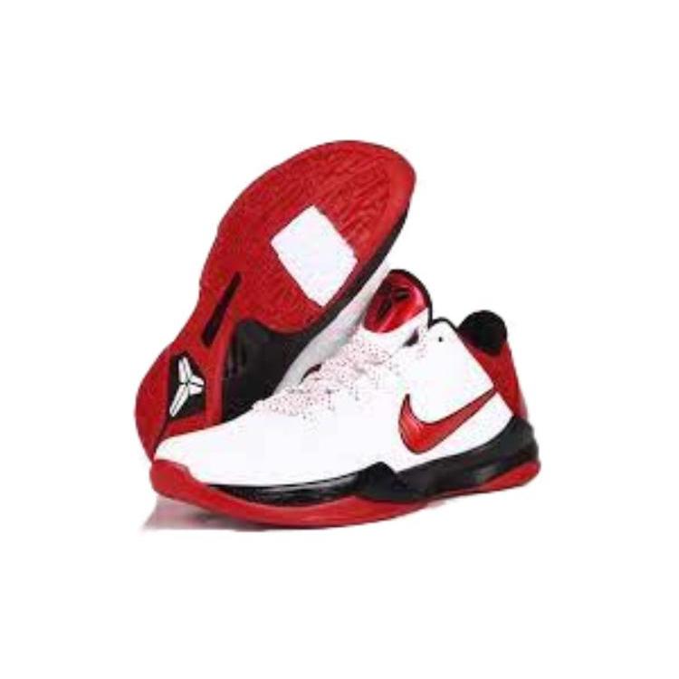 Nike Zoom Kobe 5 Comfortable Abrasion Resistant Breathable Low top Basketball Shoes Unisex White Red 386430-161