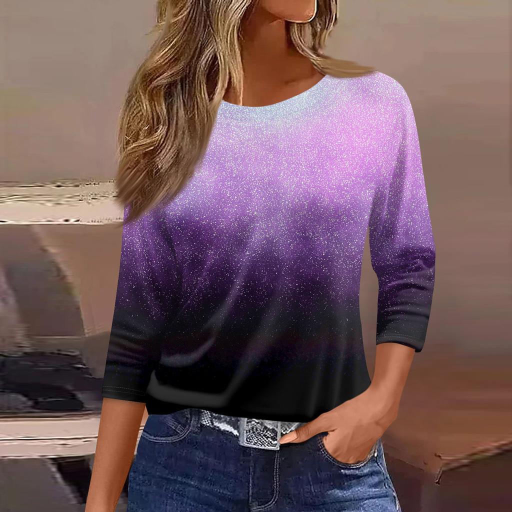 Moda damă ocazional decolteu rotund mâneci 3/4 tricou imprimat largi Top dama