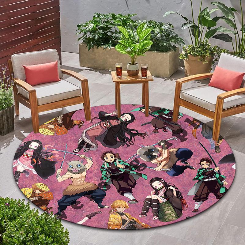 Classic Japanese-style Cartoon Demon Slayer Round Rug, Home Soft Decorative Anti-slip Yoga Mat and Chair Mat, Outdoor Floor Mat Carpet K24