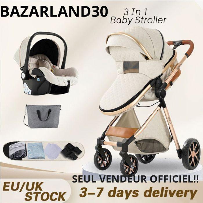 Poussette 3 en 1 Bébé Combinée Siège-Auto Nacelle Trio Réversible Réglable Haute Qualité Roues increvables . BLANC CASSE