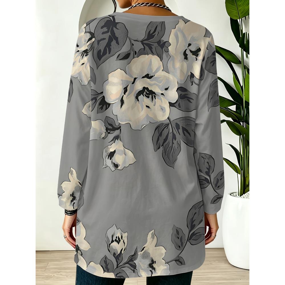 Women's Crew Neck Long Sleeve Top Grey Bottom Retro Large Floral Print with Pockets Loose Medium and Long Top