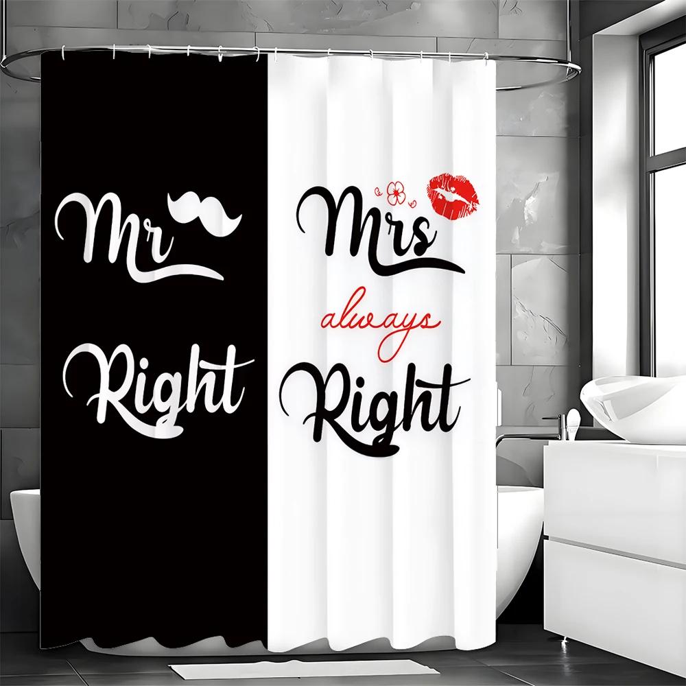 Valentine's Day Mr. Black and White Ladies Lipstick Mustache Shower Curtain, Bathroom Decorative Shower Curtain, Waterproof Show