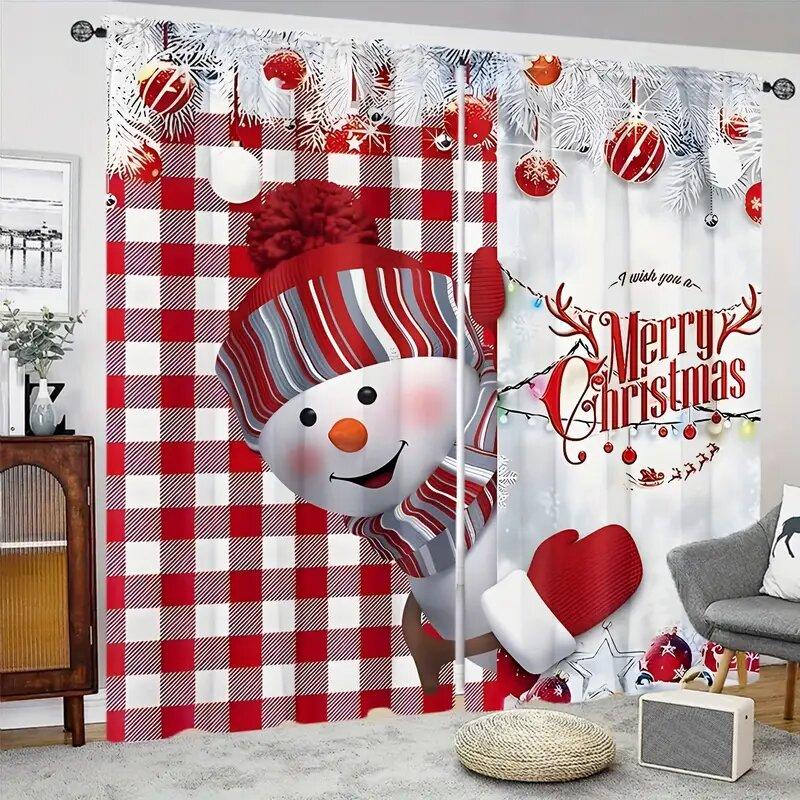 Set Of 2 Classic Christmas Snowman Checkered Pattern Printed Curtains Pole Bag Home Decoration Room Curtain Polyester