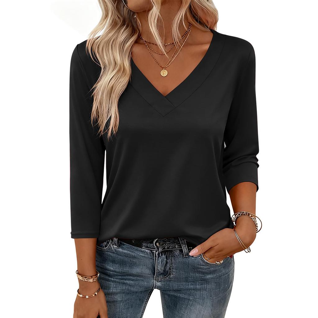 Damskie bluzki z rękawem 3/4, koszulki z dekoltem V, casualowe bluzki, podstawowe t-shirty