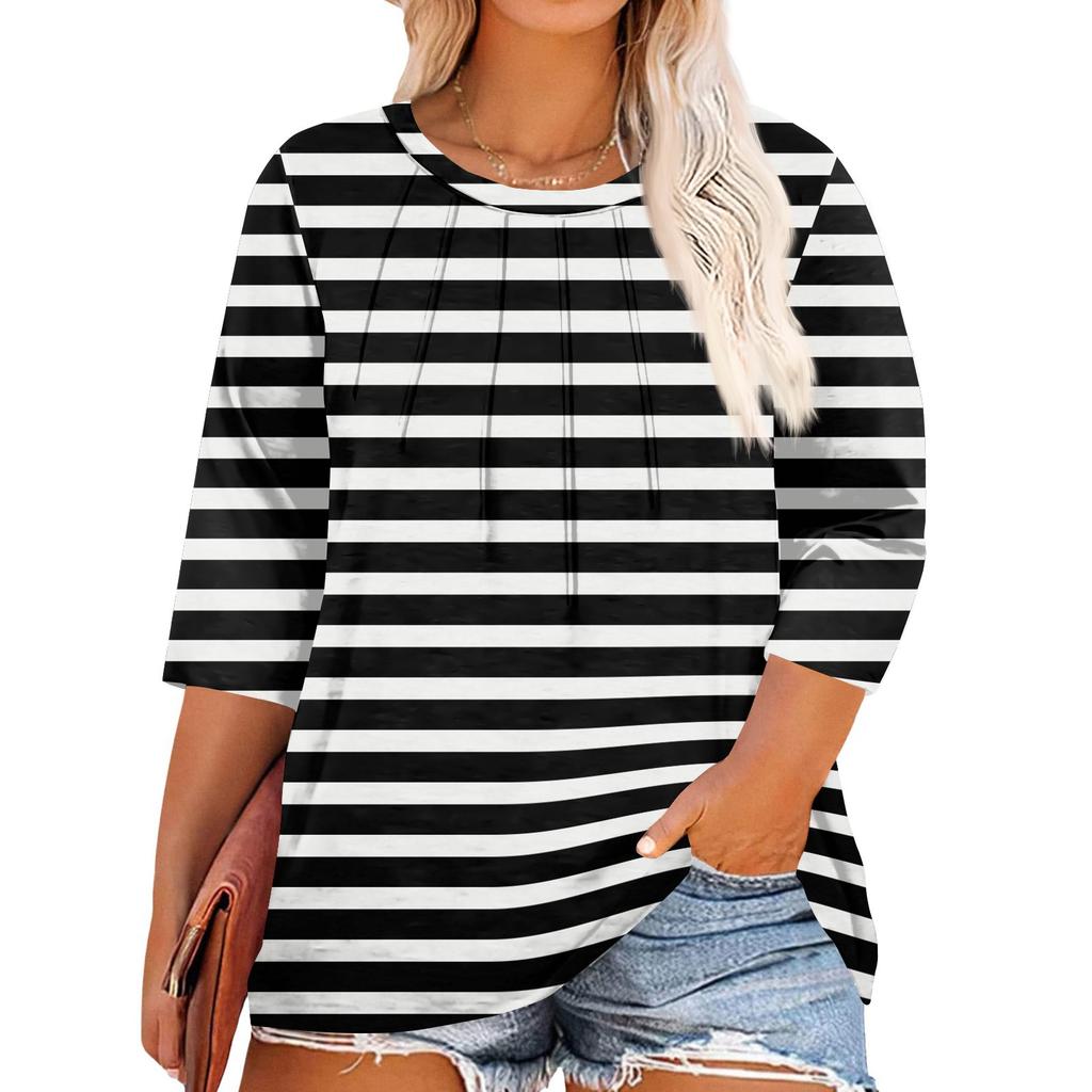 Women's Solid Color Round Neck Plus Size Tops 3/4 Sleeves Elegant Shirt Tops