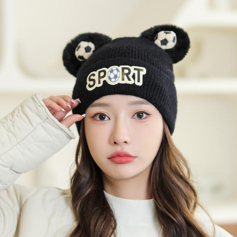 

Cartoon Football ActiveWear Ears Warm Wool Hat Female CampusUse Outside Jacket Hat Knitted Head Thickened Cold Hat One Size Elastic