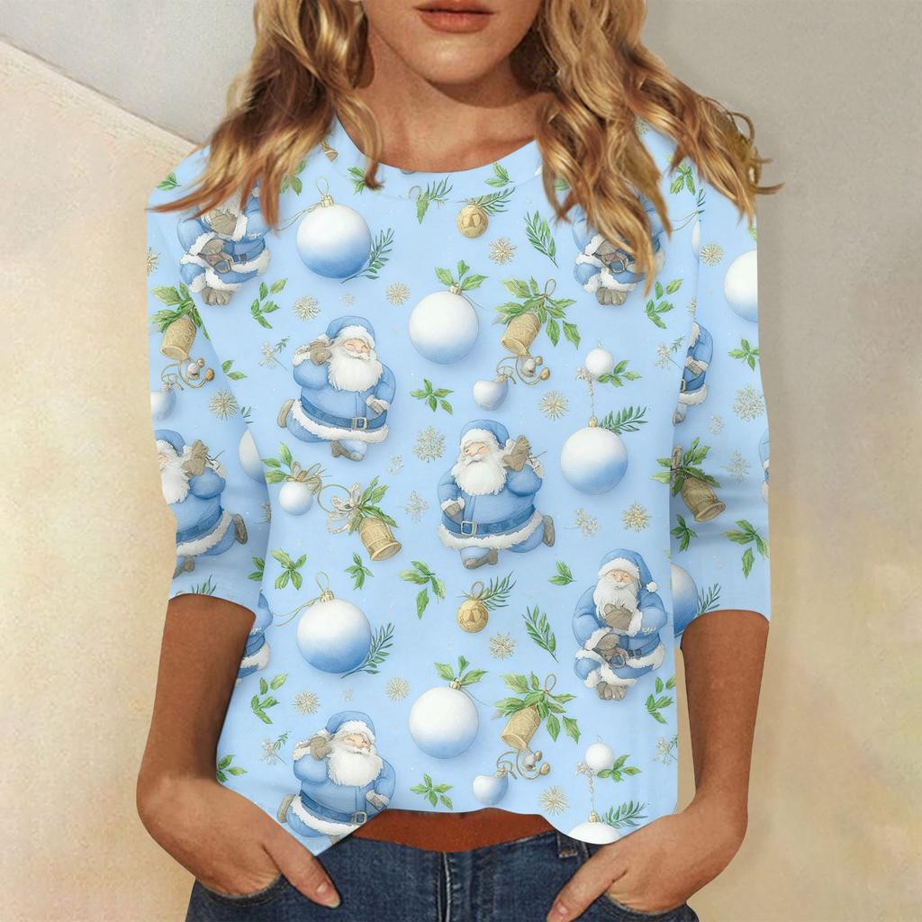 3/4 Sleeve Shirts For Women Print Christmas Tees Blouses Casual Plus Size Basic Tops Pullover