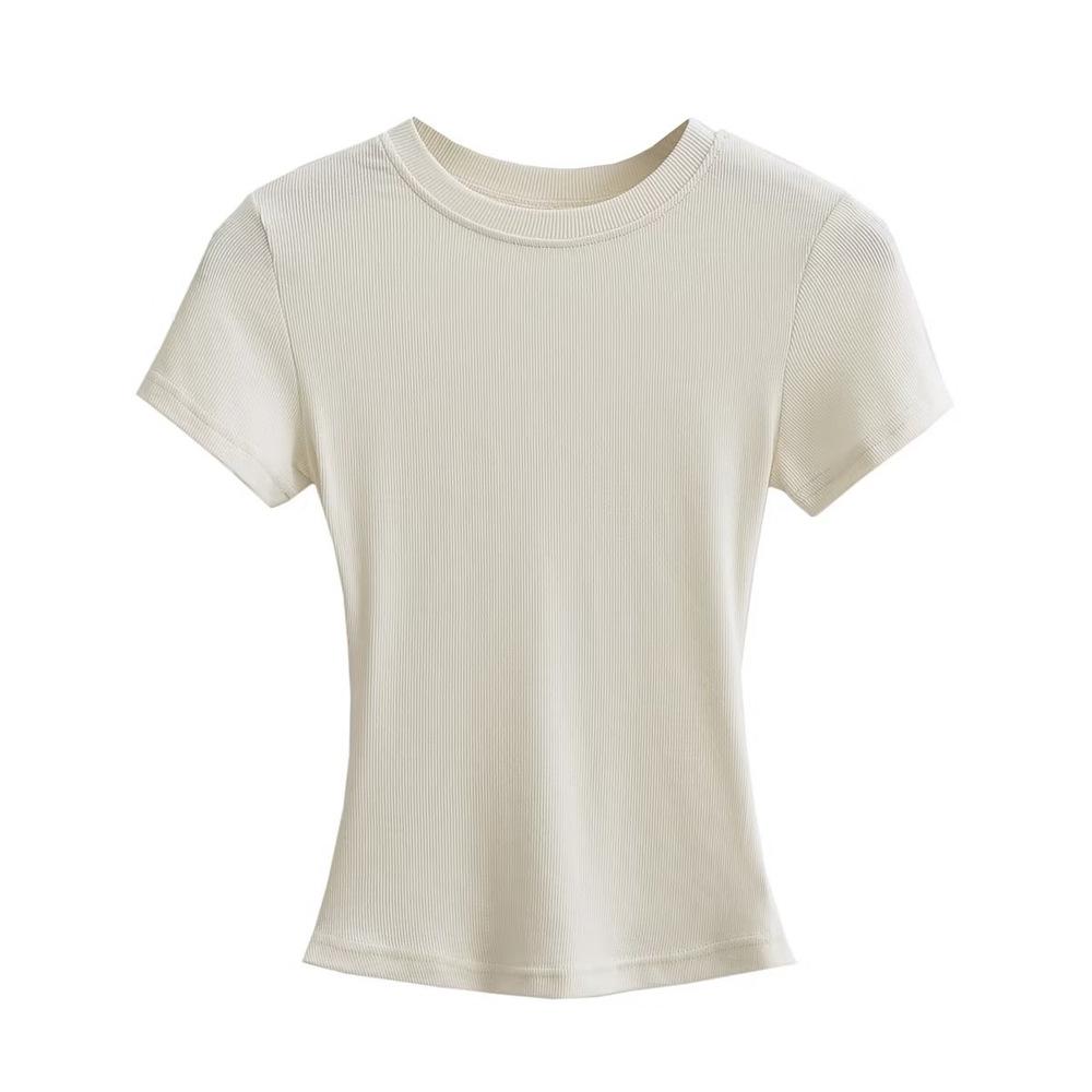 Trendy Women's Ribbed Slim Fit Short Sleeve T-Shirt with Sexy Round Neck and Straight Shoulders.