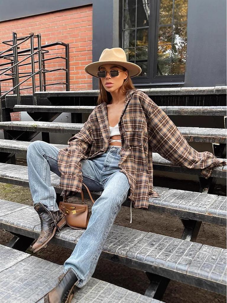 2024 A/W Women's American Retro Plaid Polo Collar Loose Shirt