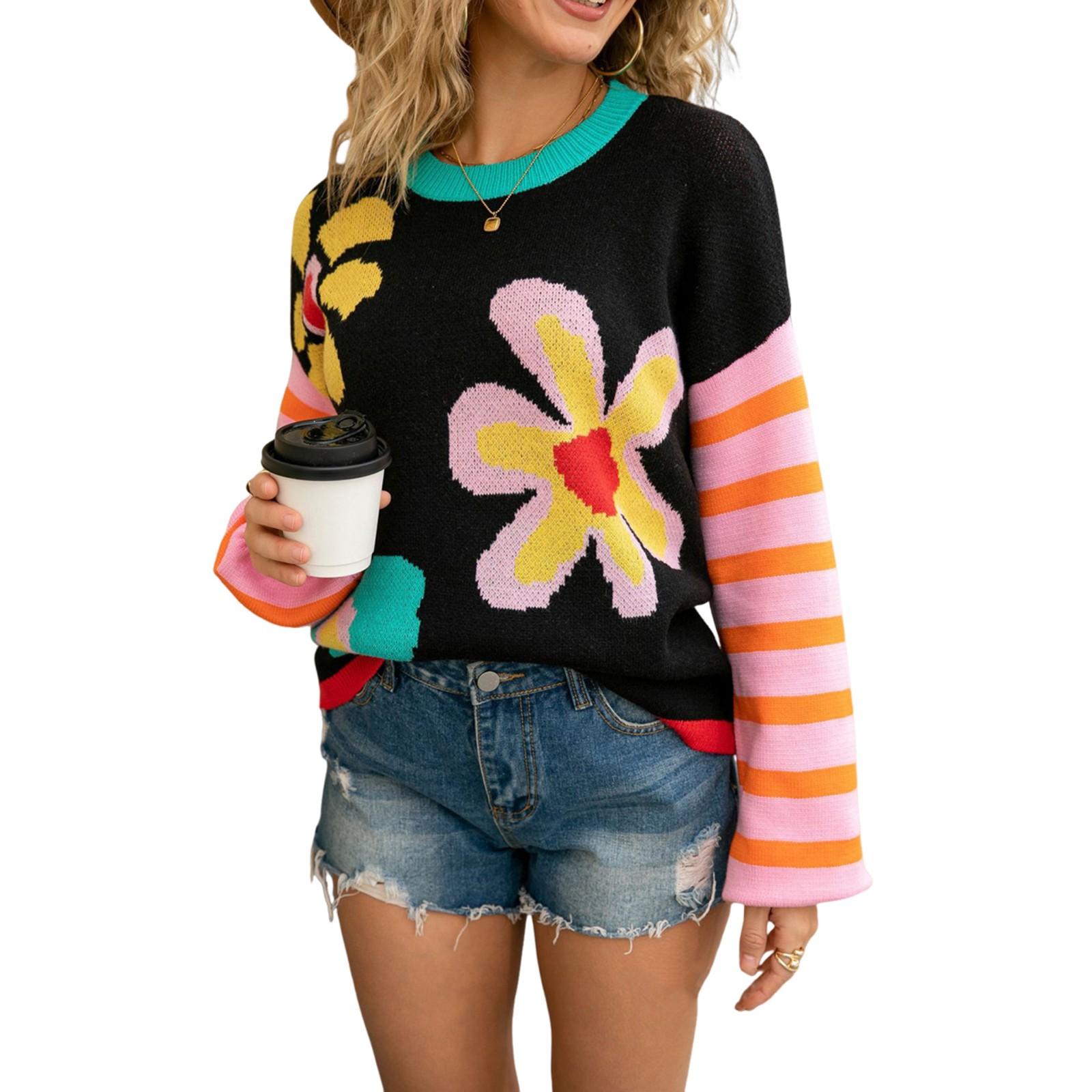 

Women s Casual Fashion Retro Round Neck Loose Pullover Long Sleeve Sweater M тёмно-синий