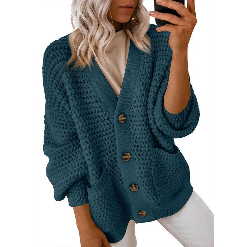 Women S Loose V Neck Lantern Sleeve Button Front Knit Cardigan Sweater