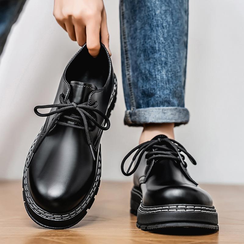 Spring 2025 new retro black trend round head casual men's shoes British business leather shoes dress work shoes