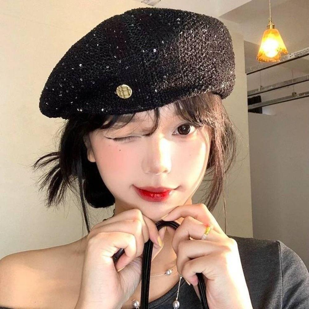 Hollowed Out Weave Hat Breathable Crochet Knitted Cap Cute Sequin Beret Hat  Summer