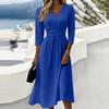 Women V Neck Midi Dress with Three Quarter Sleeves Back Zipper Closure Solid Pattern Casual Fit for Daily Wear Office Events