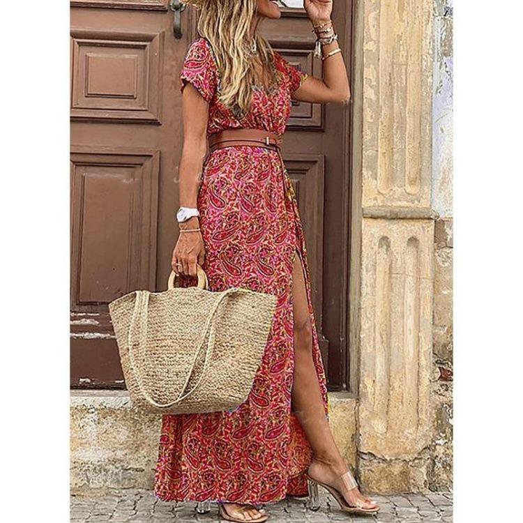 Floral V Neck Dress Women Fashion Bohemian Style Versatile Leisure Vacation Commuter